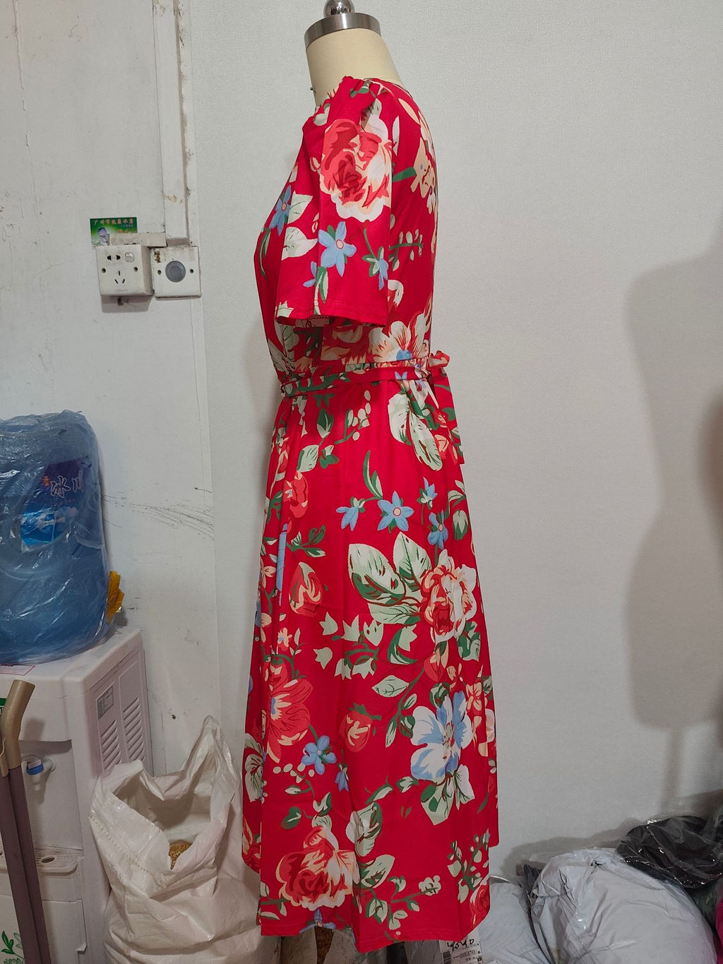 Women's V-Neck Floral Chiffon Midi Dress — Flutter Sleeve Tie Waist Boho Wrap Dress with Handkerchief Hem, Flowy Casual Summer Beach Dress S–3XL in 16 Prints