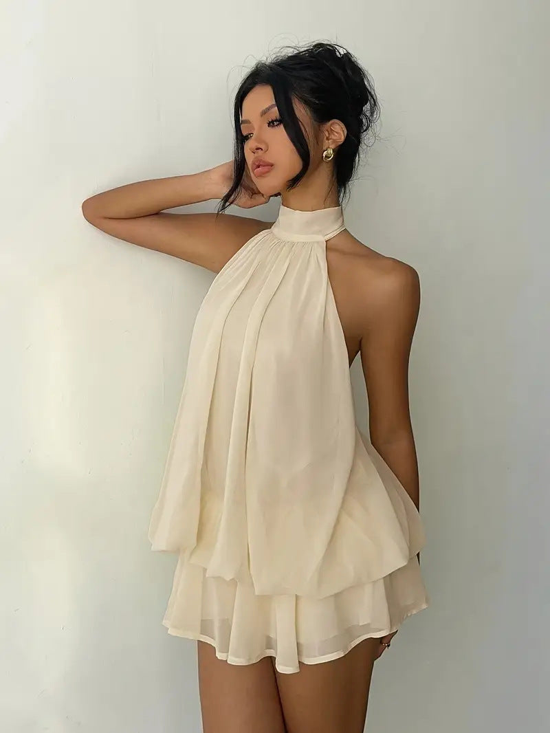 Sexy Chiffon Halter Mini Dress for Women, Island Vacation Backless Flowy Beach Dress, Summer Tea Dress