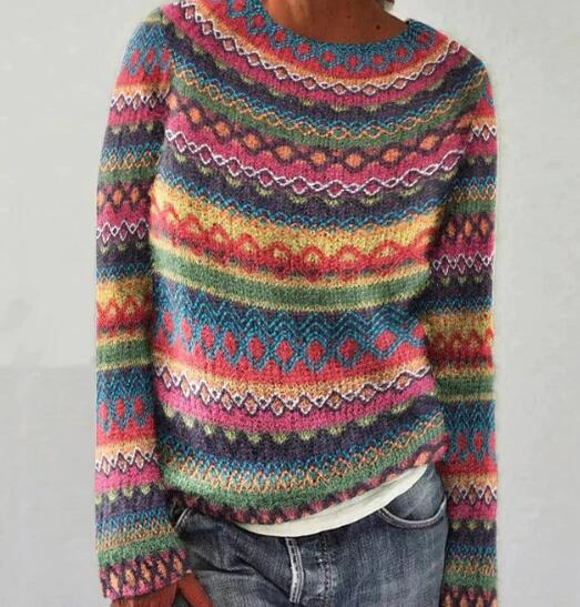 Women's Vintage Colorblock Knit Sweater | Boho Folk Floral Crew Neck Oversized Pullover | Fall Winter Top