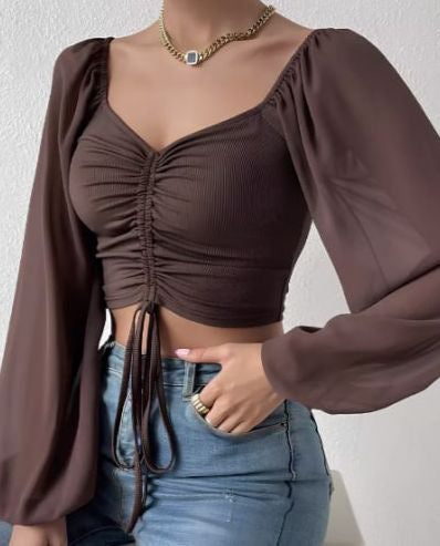 Ruched Front Crop Top for Women | V-Neck Lantern Sleeve Drawstring Fitted Blouse | Sexy Club Party Shirt