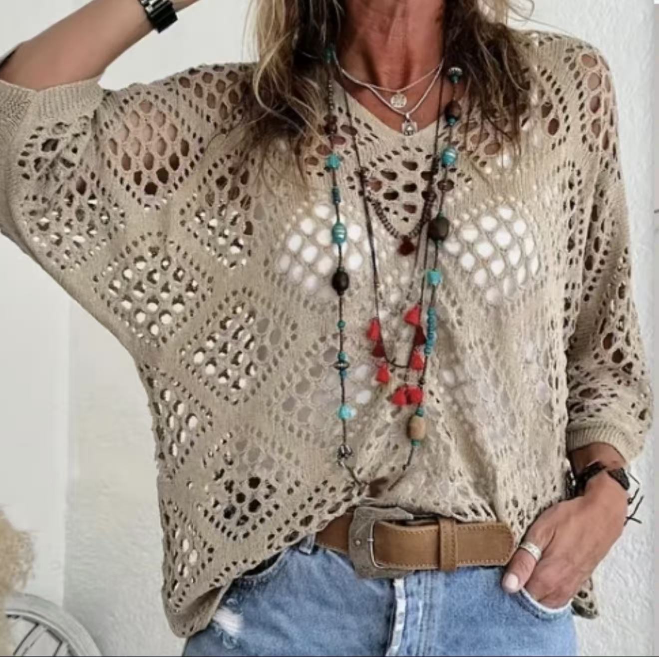 Women's Boho Crochet Hollow-Out Knit Top | V-Neck Batwing Sleeve Beach Cover-Up Sweater | S-5XL