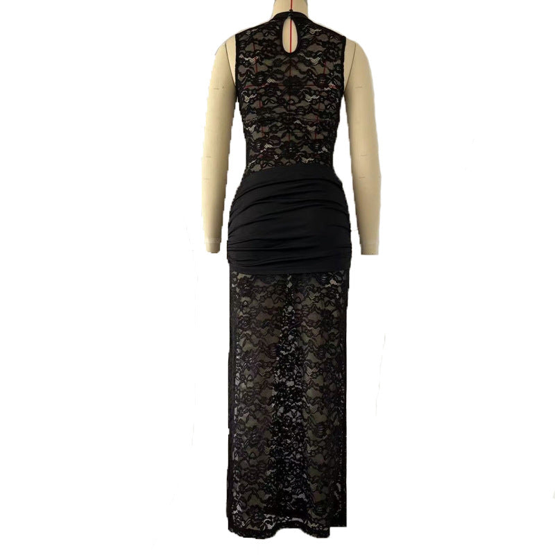 Women's Sheer Lace Keyhole Cutout High Slit Maxi Dress — Sexy Sleeveless Floral Lace Bodycon Evening Gown with Draped Satin Waist, Formal Party Dress S–L in 3 Colors