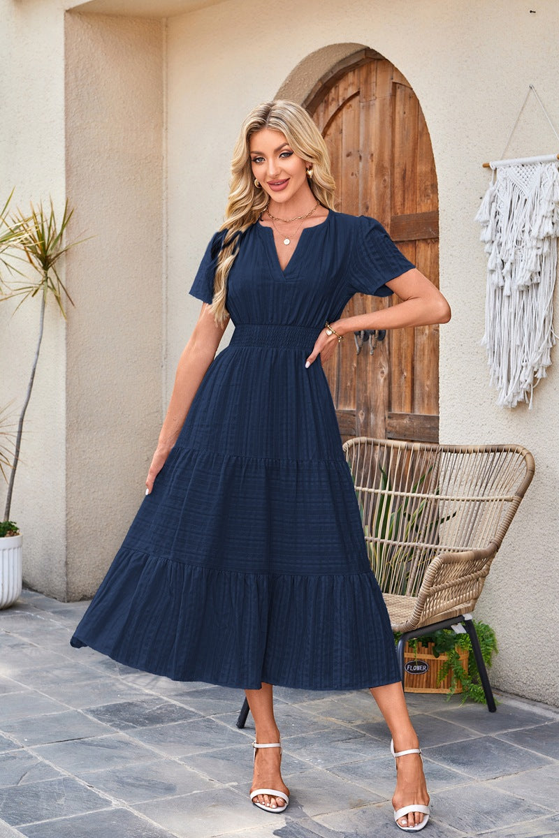 Women's V-Neck Smocked Waist Tiered Midi Dress — Flowy Puff Sleeve Boho Maxi Dress with Elastic Waist & Ruffle Tiered Skirt, Summer Casual Party Dress in 14 Colors S–XXL