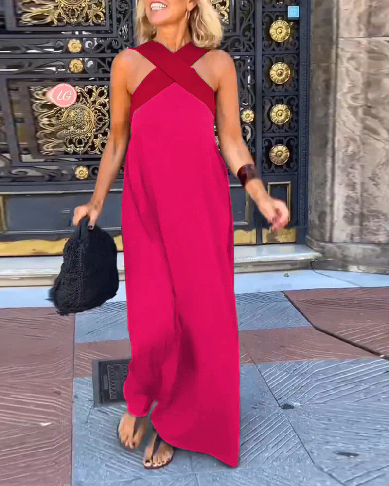 Women's Cross Halter Open Back Maxi Dress — Sexy Backless Crisscross Strap Sleeveless Long Dress, Elegant Flowy Summer Evening Party Dress XS–3XL in 11 Colors