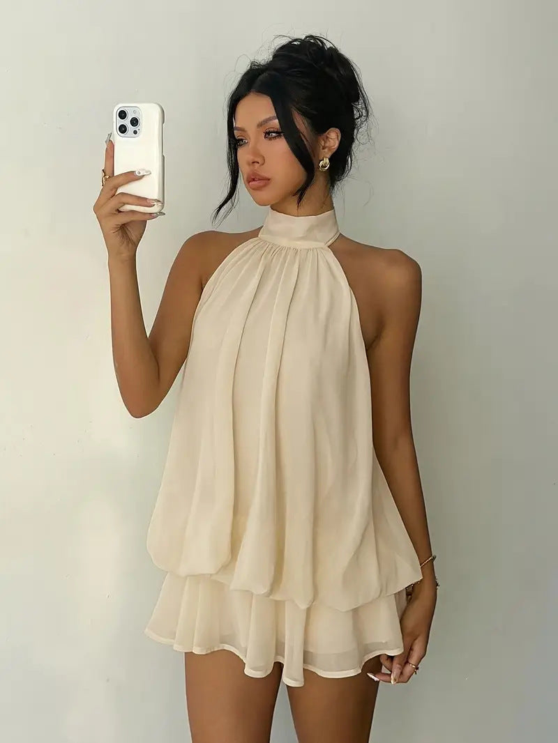 Sexy Chiffon Halter Mini Dress for Women, Island Vacation Backless Flowy Beach Dress, Summer Tea Dress