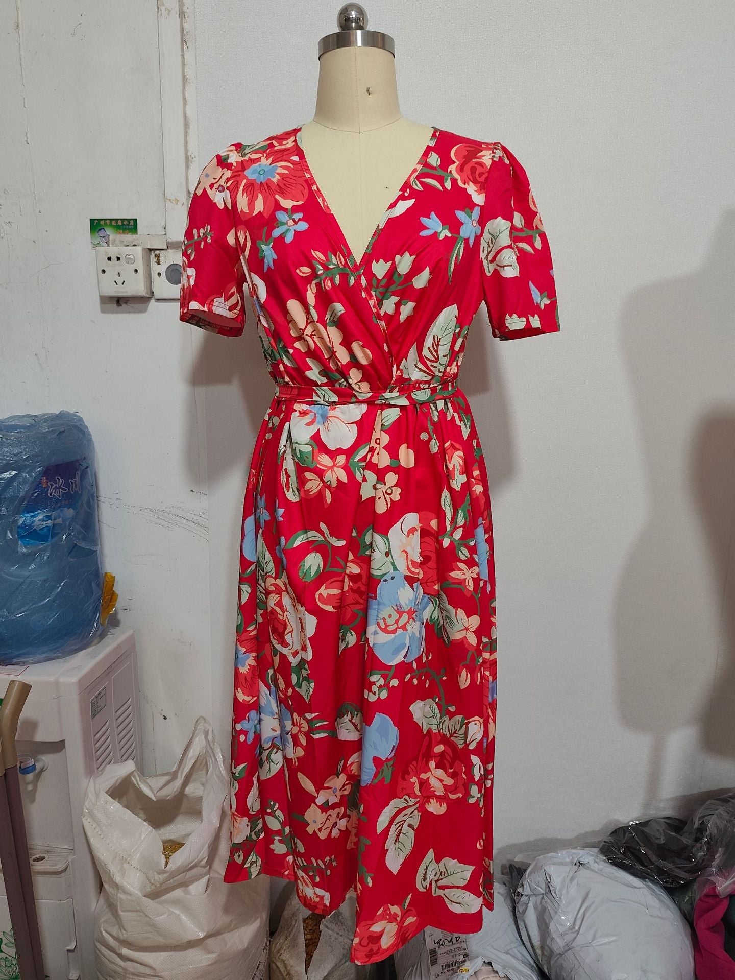 Women's V-Neck Floral Chiffon Midi Dress — Flutter Sleeve Tie Waist Boho Wrap Dress with Handkerchief Hem, Flowy Casual Summer Beach Dress S–3XL in 16 Prints