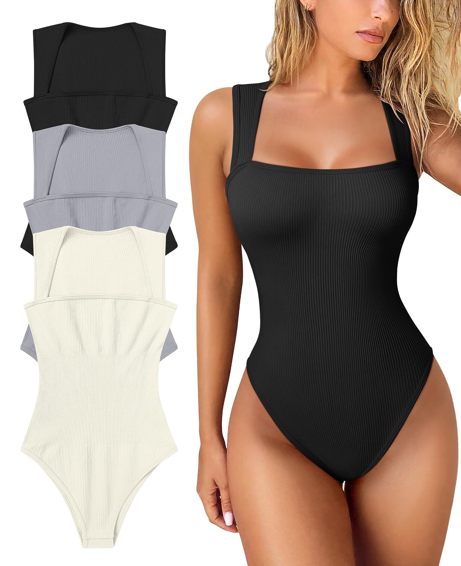 Women's Ribbed Square Neck Bodysuit | Sleeveless Tummy Control Butt Lifting Thong Body Shaper
