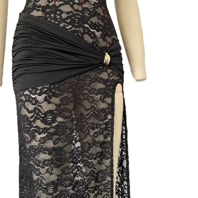 Women's Sheer Lace Keyhole Cutout High Slit Maxi Dress — Sexy Sleeveless Floral Lace Bodycon Evening Gown with Draped Satin Waist, Formal Party Dress S–L in 3 Colors