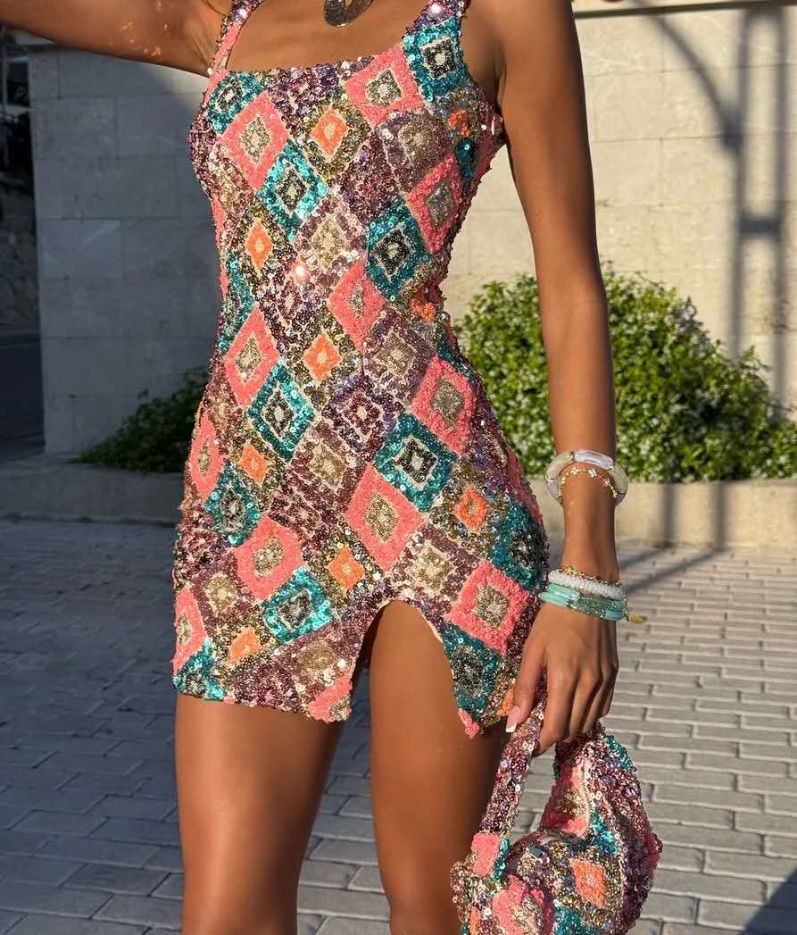 Women's Diamond Sequin Bodycon Mini Dress — Colorful Geometric Sequin Party Dress with Side Slit, Sparkle Sleeveless Club Dress S–XL in 15+ Colors