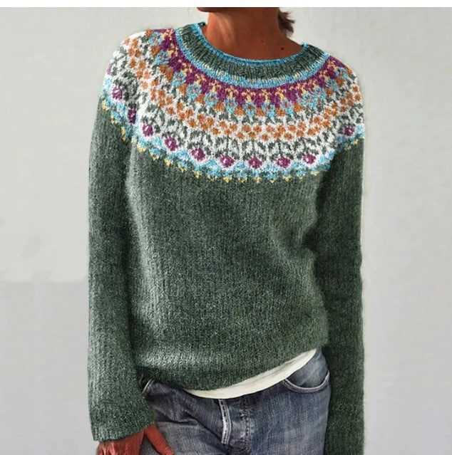 Women's Vintage Colorblock Knit Sweater | Boho Folk Floral Crew Neck Oversized Pullover | Fall Winter Top