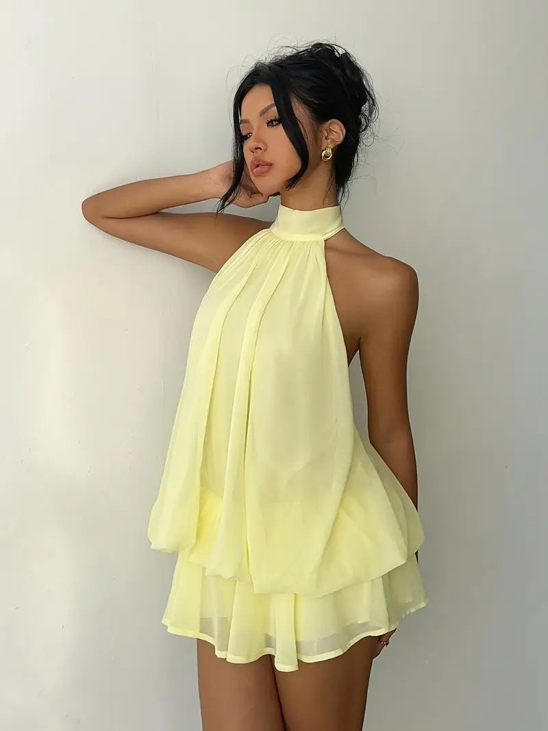 Sexy Chiffon Halter Mini Dress for Women, Island Vacation Backless Flowy Beach Dress, Summer Tea Dress
