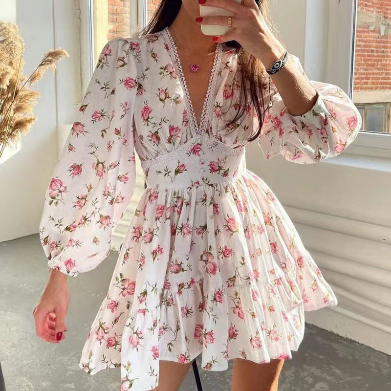 Women's V-Neck Lace Trim Floral Mini Dress — Romantic Puff Sleeve Tiered Ruffle Skirt Short Dress, Sweet Boho Floral Party Dress S–XXXL in 9 Prints