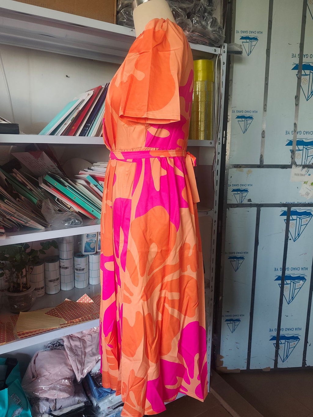 Women's V-Neck Floral Chiffon Midi Dress — Flutter Sleeve Tie Waist Boho Wrap Dress with Handkerchief Hem, Flowy Casual Summer Beach Dress S–3XL in 16 Prints