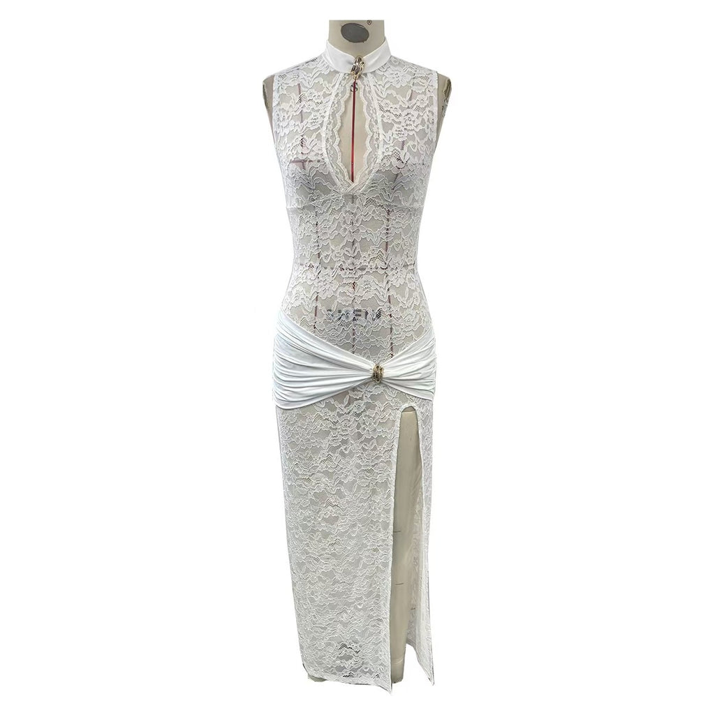 Women's Sheer Lace Keyhole Cutout High Slit Maxi Dress — Sexy Sleeveless Floral Lace Bodycon Evening Gown with Draped Satin Waist, Formal Party Dress S–L in 3 Colors