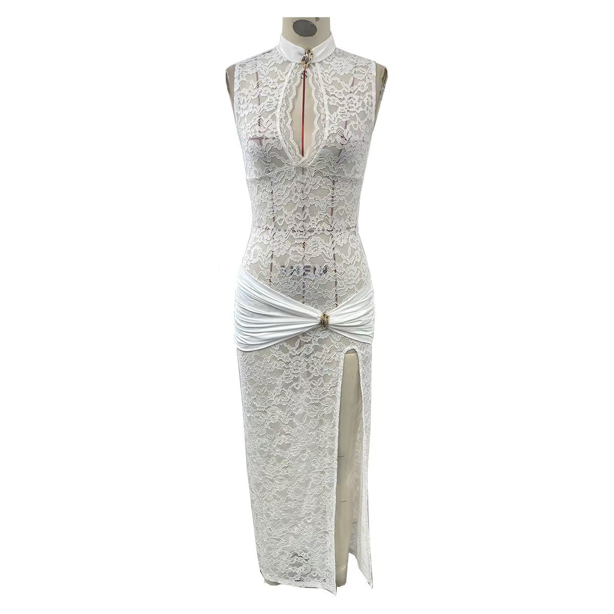 Women's Sheer Lace Keyhole Cutout High Slit Maxi Dress — Sexy Sleeveless Floral Lace Bodycon Evening Gown with Draped Satin Waist, Formal Party Dress S–L in 3 Colors