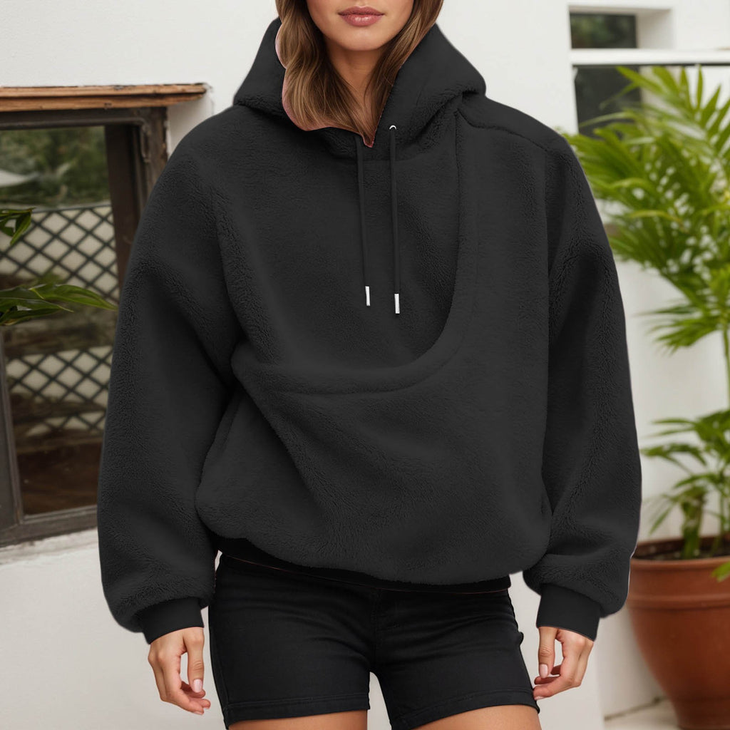Women's Fluffy Teddy Fleece Oversized Hoodie — Plush Pullover Sweatshirt with Wrap Front Pocket & Drawstring Hood, Cozy Winter Top S–XXL in 7 Colors
