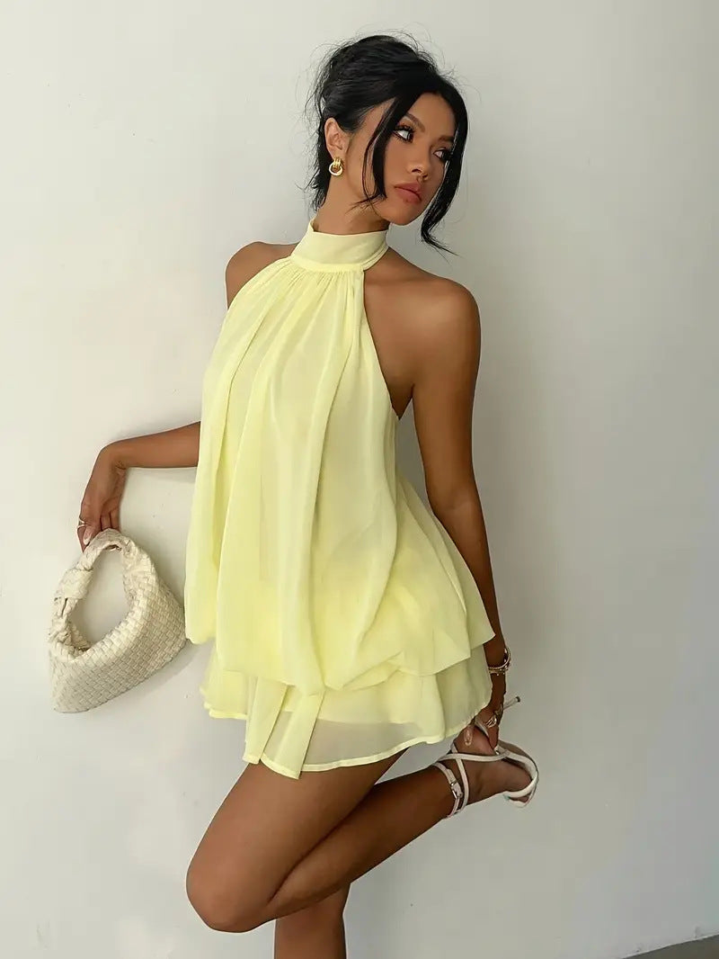Sexy Chiffon Halter Mini Dress for Women, Island Vacation Backless Flowy Beach Dress, Summer Tea Dress