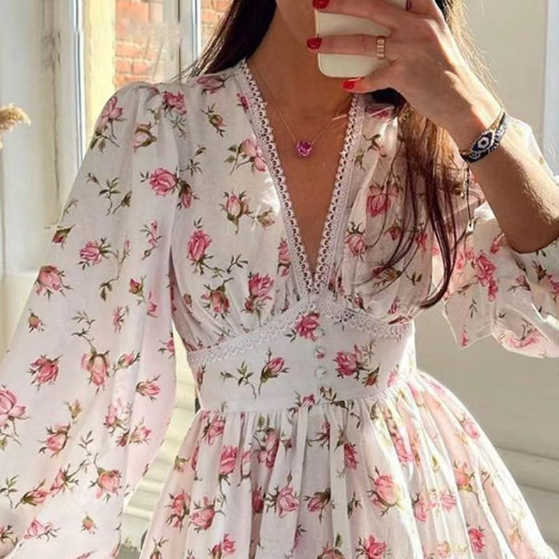 Women's V-Neck Lace Trim Floral Mini Dress — Romantic Puff Sleeve Tiered Ruffle Skirt Short Dress, Sweet Boho Floral Party Dress S–XXXL in 9 Prints