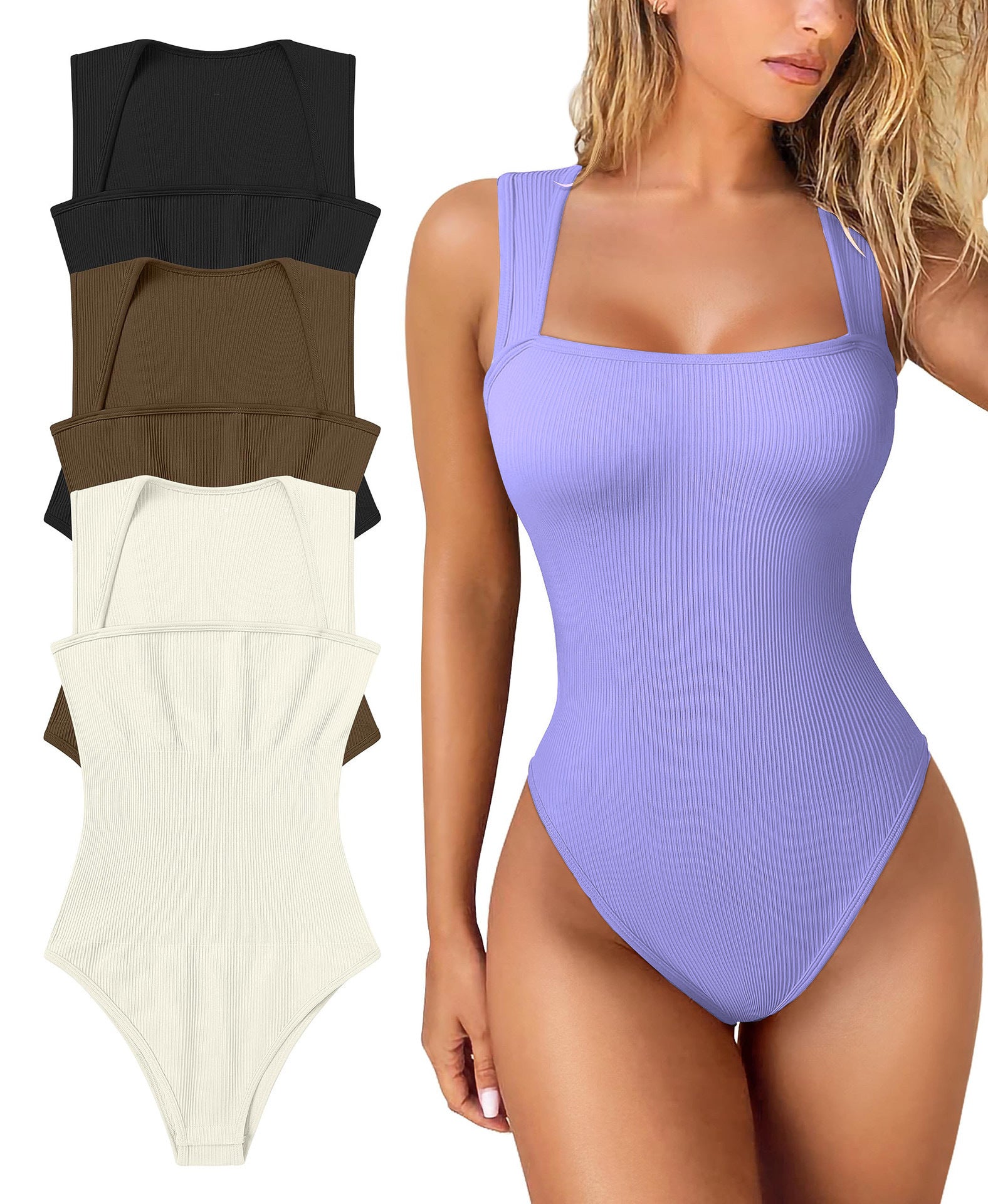 Women's Ribbed Square Neck Bodysuit | Sleeveless Tummy Control Butt Lifting Thong Body Shaper