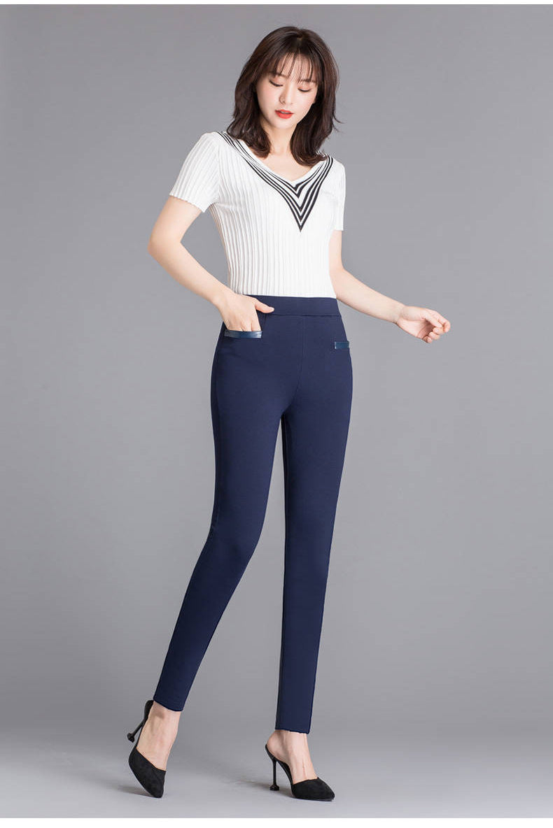Women's High Waist Slim Stretch Pencil Pants — 4-Way Stretch Skinny Trousers with Faux Leather Pocket Trim, Office Casual Cropped or Capri Length, M–4XL