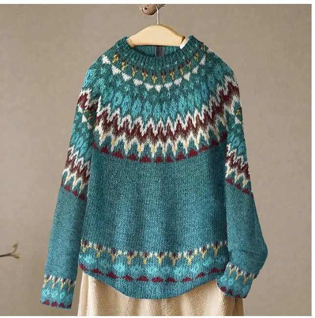 Women's Vintage Colorblock Knit Sweater | Boho Folk Floral Crew Neck Oversized Pullover | Fall Winter Top