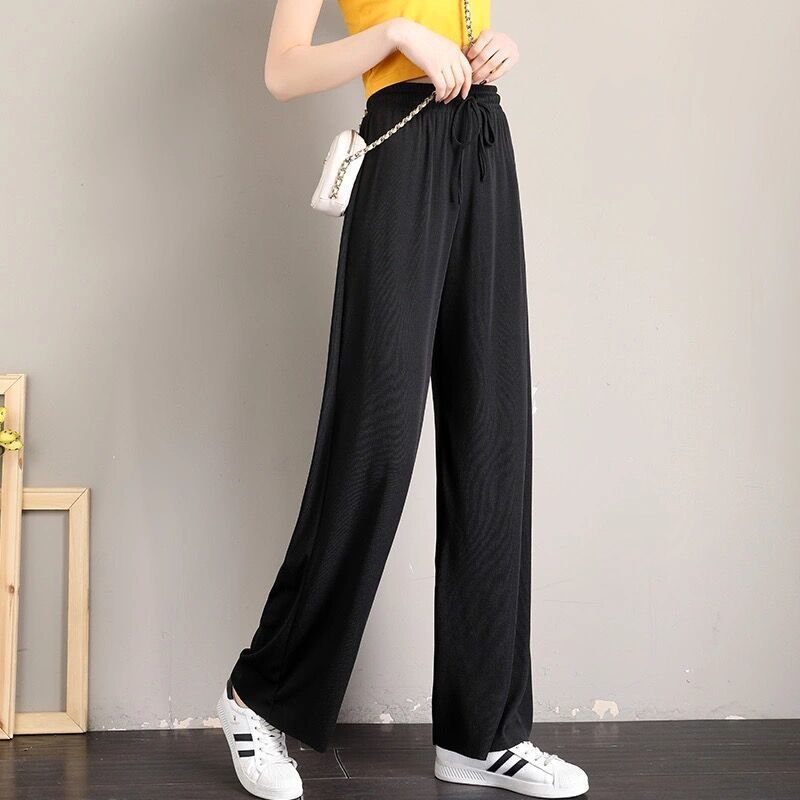Women's Ice Silk Wide Leg Pants — High Waist Drawstring Flowy Trousers for Summer, Petite-Friendly Straight-Cut Lounge Pants