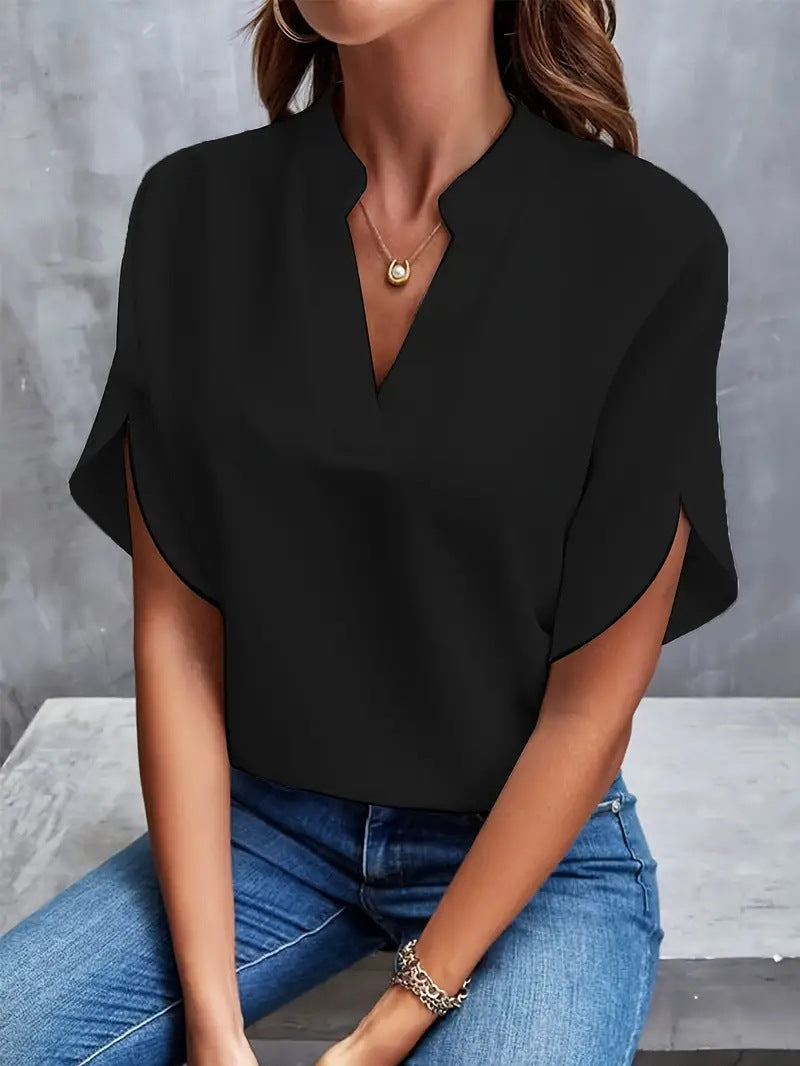 Women's V-Neck Chiffon Blouse — Wrinkle-Free Relaxed Fit Short Sleeve Pullover Shirt, Elegant Casual Summer Top in 7 Colors, S–2XL