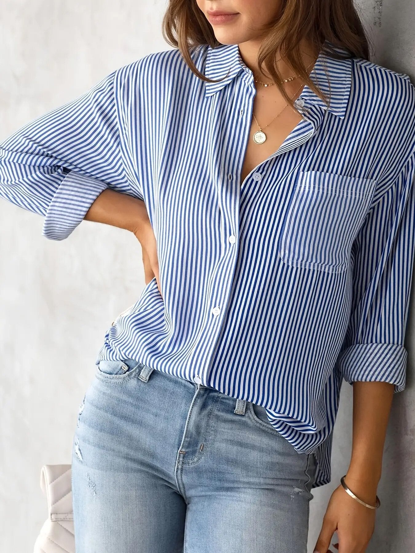 Women's Striped Oversized Button-Down Shirt — 4-Way Stretch Woven Long Sleeve Casual Blouse with Chest Pocket, Relaxed Fit Navy Pinstripe Top S–XXL