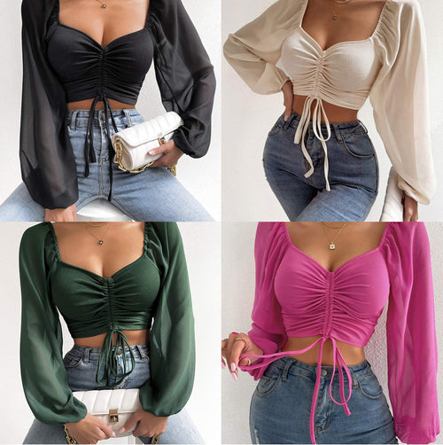 Ruched Front Crop Top for Women | V-Neck Lantern Sleeve Drawstring Fitted Blouse | Sexy Club Party Shirt