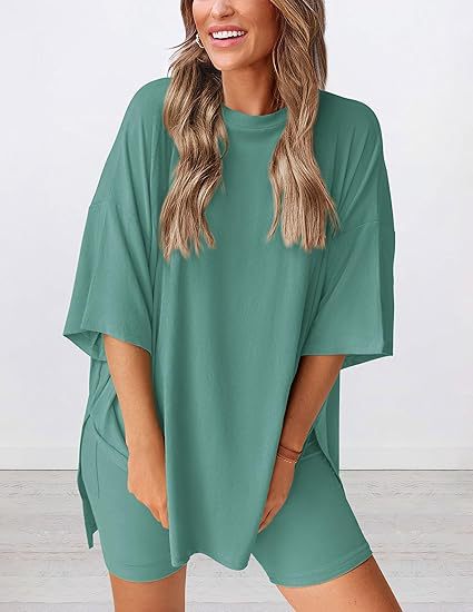 Women's Oversized Lounge Set 2 Piece — Short Sleeve Tee & Biker Shorts | Casual Comfy Matching Outfit