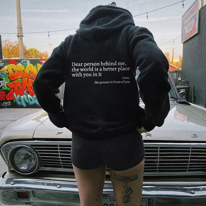 Women's Fleece Graphic Hoodie | "Dear Person Behind Me" Letter Print Oversized Pullover Sweatshirt | S-5XL