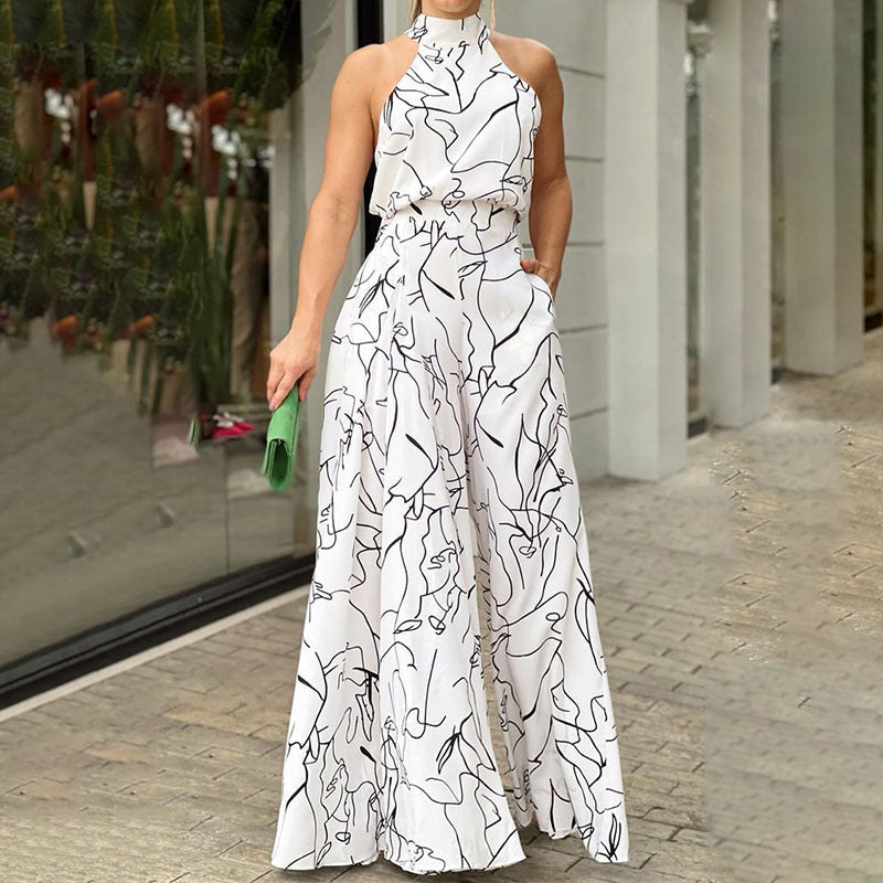 Summer New Arrival Ins Style Women's Round Neck Tie Waist Slim Fit Printed Jumpsuit