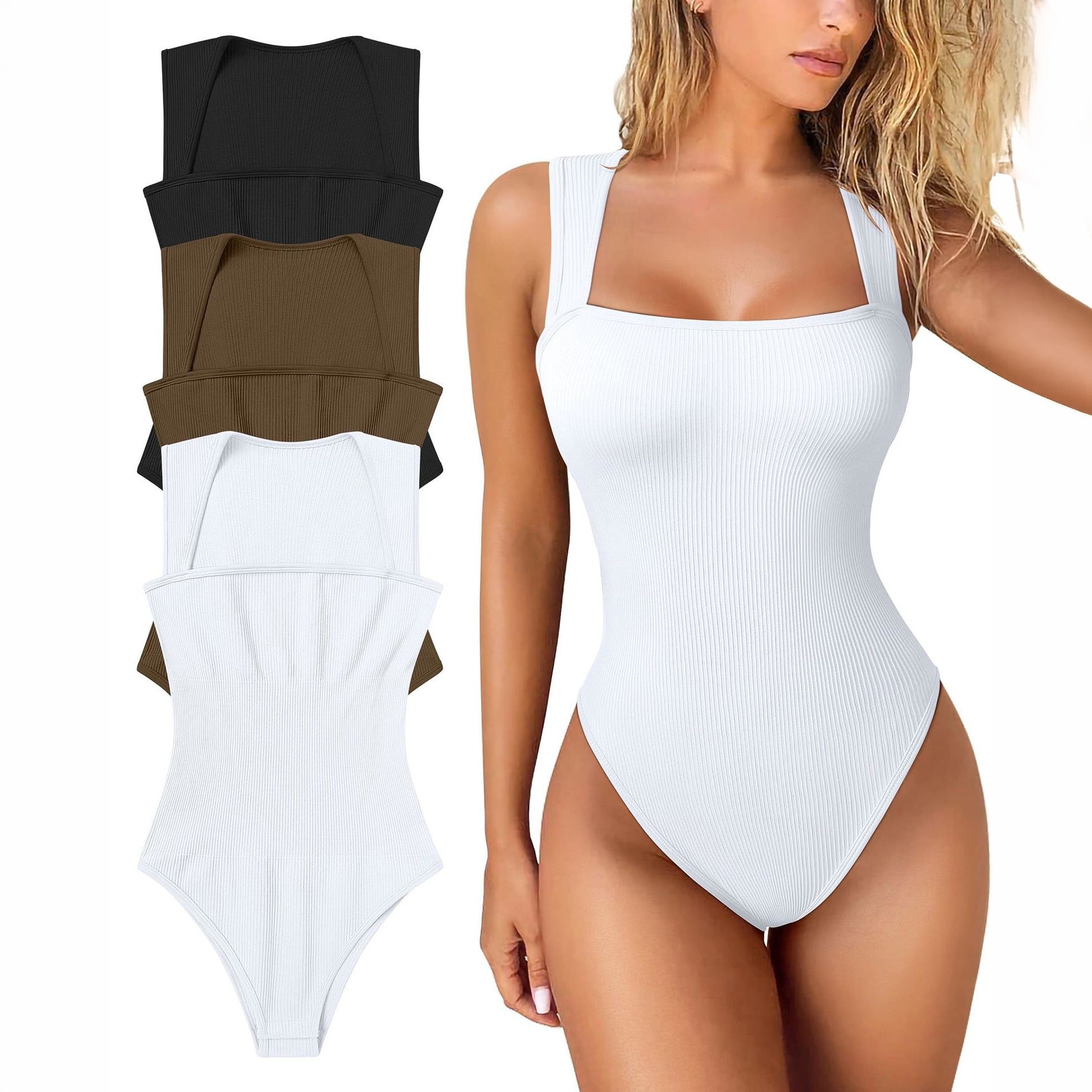 Women's Ribbed Square Neck Bodysuit | Sleeveless Tummy Control Butt Lifting Thong Body Shaper