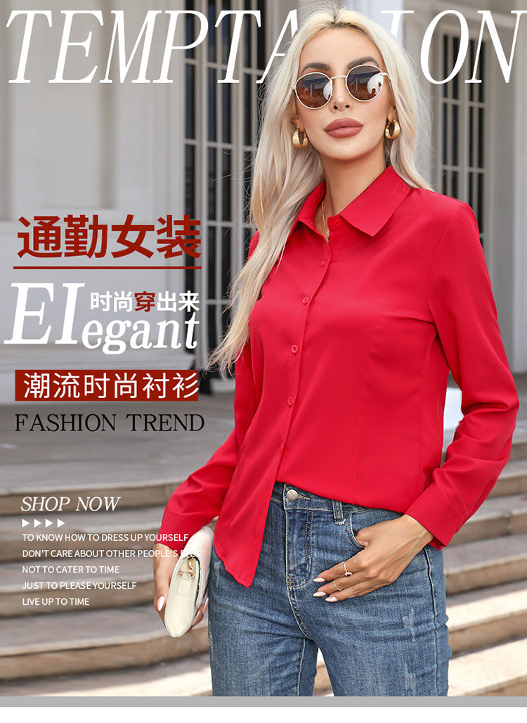 Women's Long Sleeve Button-Down Shirt | Elegant Solid Color Collared Blouse | Casual Office Fashion Top