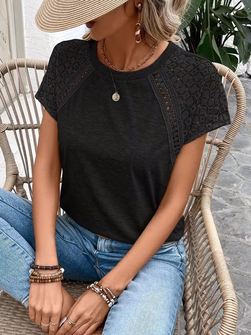 Women's Lace Splice Short Sleeve Top — Soft Rayon Round Neck Casual Blouse with Floral Lace Raglan Sleeve Detail, Relaxed Fit Summer T-Shirt in 3 Colors, S–XXL