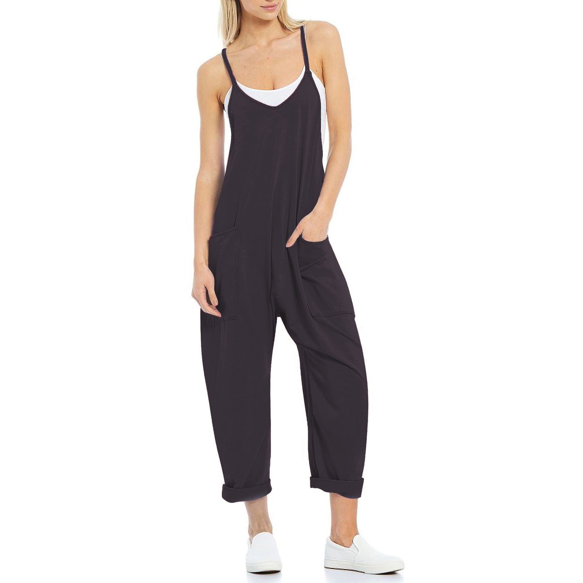 Women's Spaghetti Strap Loose Jumpsuit — Soft Fleece Relaxed Fit One-Piece with Deep Patch Pockets & Adjustable Straps, Cropped Leg Romper in 10+ Colors