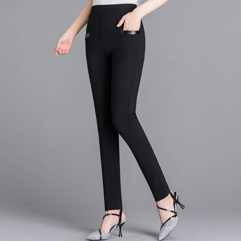 Women's High Waist Slim Stretch Pencil Pants — 4-Way Stretch Skinny Trousers with Faux Leather Pocket Trim, Office Casual Cropped or Capri Length, M–4XL