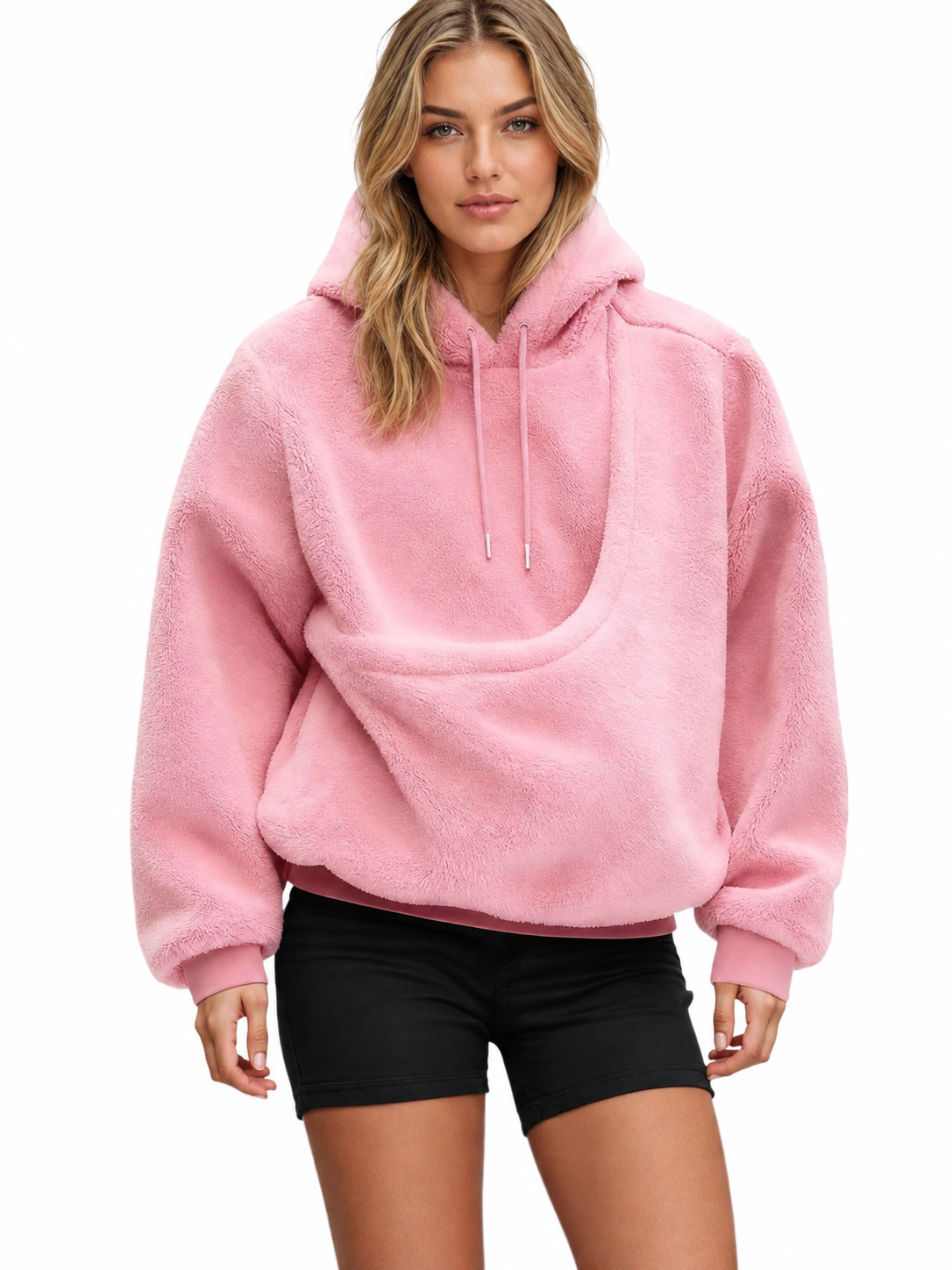 Women's Fluffy Teddy Fleece Oversized Hoodie — Plush Pullover Sweatshirt with Wrap Front Pocket & Drawstring Hood, Cozy Winter Top S–XXL in 7 Colors