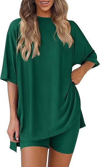 Women's Oversized Lounge Set 2 Piece — Short Sleeve Tee & Biker Shorts | Casual Comfy Matching Outfit