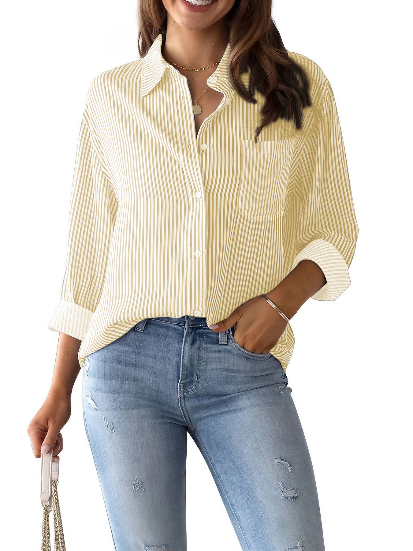 Women's Striped Oversized Button-Down Shirt — 4-Way Stretch Woven Long Sleeve Casual Blouse with Chest Pocket, Relaxed Fit Navy Pinstripe Top S–XXL