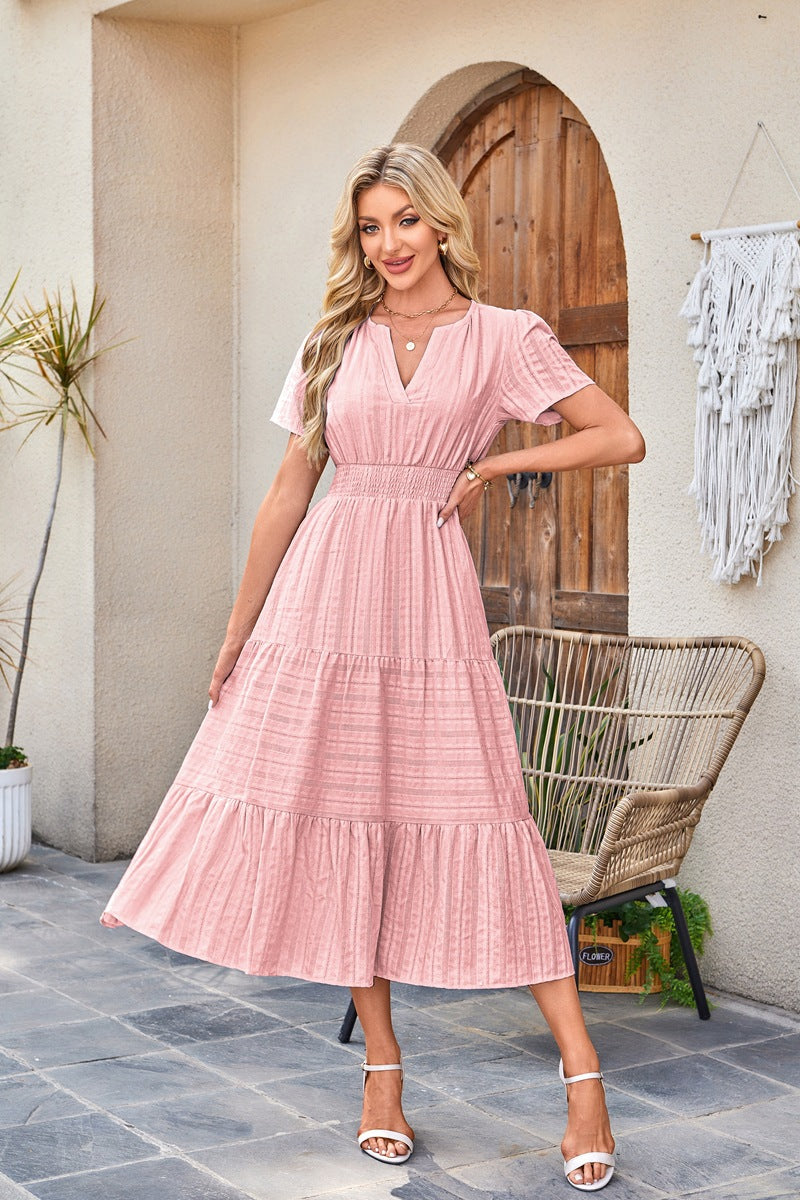 Women's V-Neck Smocked Waist Tiered Midi Dress — Flowy Puff Sleeve Boho Maxi Dress with Elastic Waist & Ruffle Tiered Skirt, Summer Casual Party Dress in 14 Colors S–XXL