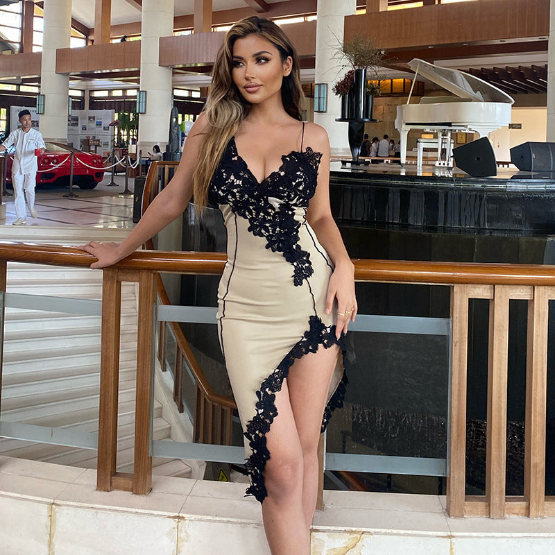 Sexy Deep V Lace Spaghetti Strap Bodycon Mini Dress for Women, Backless Slim Fit Party Club Dress