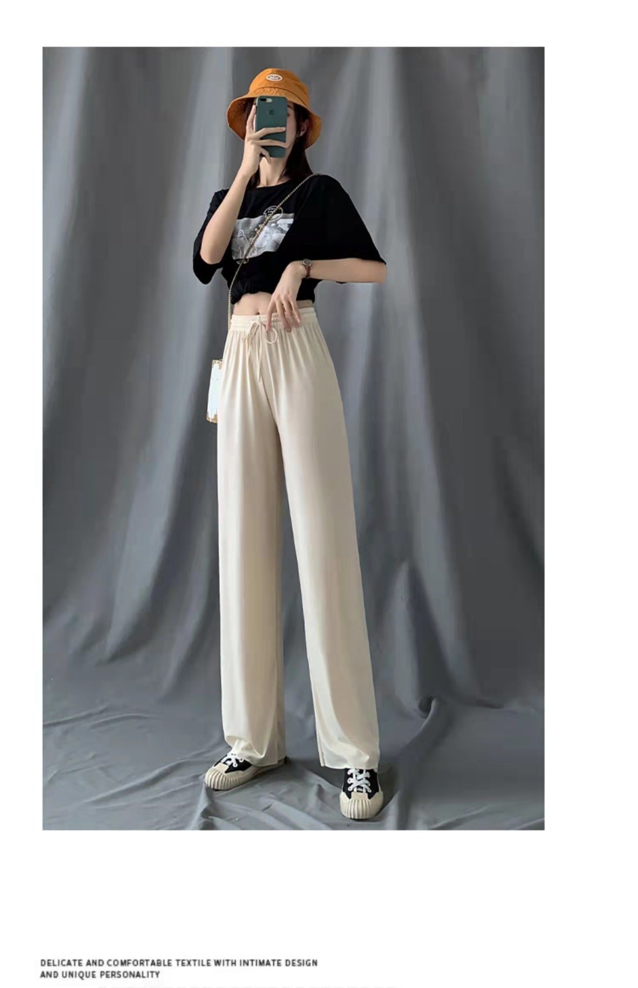 Women's Ice Silk Wide Leg Pants — High Waist Drawstring Flowy Trousers for Summer, Petite-Friendly Straight-Cut Lounge Pants