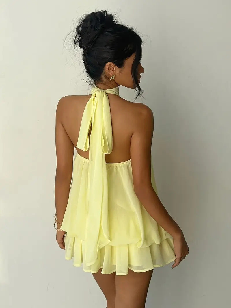 Sexy Chiffon Halter Mini Dress for Women, Island Vacation Backless Flowy Beach Dress, Summer Tea Dress