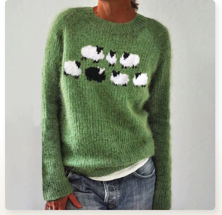 Women's Vintage Colorblock Knit Sweater | Boho Folk Floral Crew Neck Oversized Pullover | Fall Winter Top