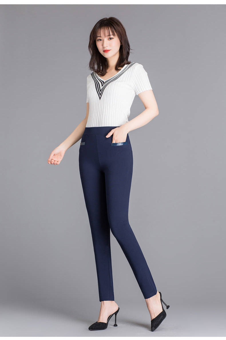 Women's High Waist Slim Stretch Pencil Pants — 4-Way Stretch Skinny Trousers with Faux Leather Pocket Trim, Office Casual Cropped or Capri Length, M–4XL