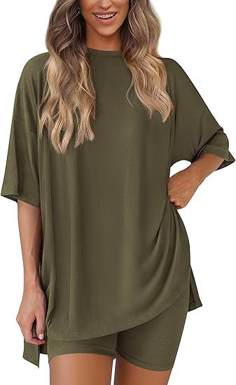 Women's Oversized Lounge Set 2 Piece — Short Sleeve Tee & Biker Shorts | Casual Comfy Matching Outfit