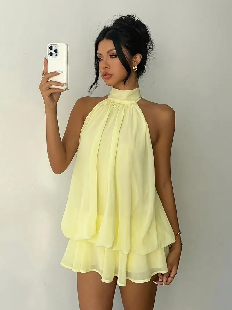 Sexy Chiffon Halter Mini Dress for Women, Island Vacation Backless Flowy Beach Dress, Summer Tea Dress