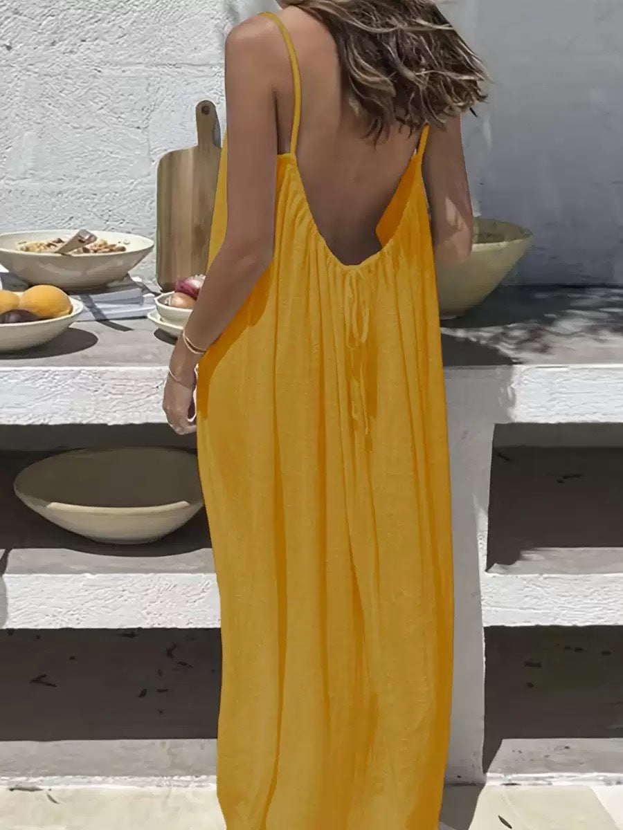 Women's Spaghetti Strap Open Back Loose Maxi Dress — Sexy Backless Slip Sundress, Adjustable Straps Casual Boho Beach Lounge Dress S–5XL in 25+ Colors