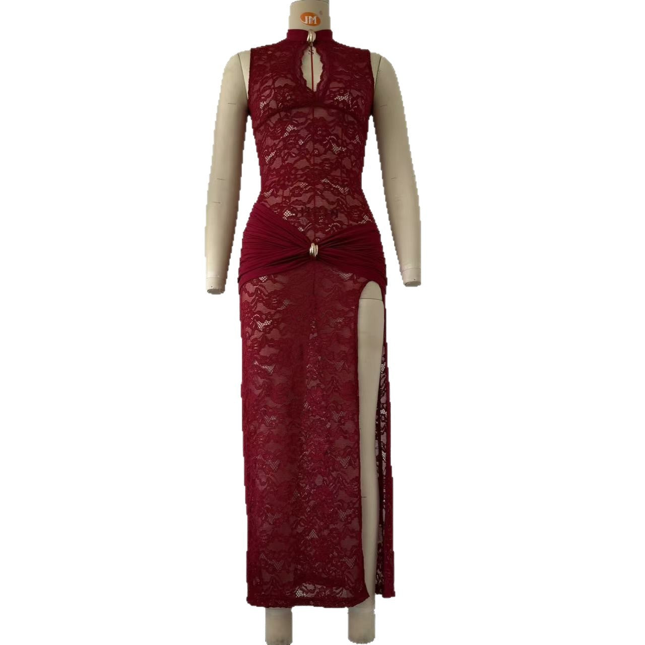 Women's Sheer Lace Keyhole Cutout High Slit Maxi Dress — Sexy Sleeveless Floral Lace Bodycon Evening Gown with Draped Satin Waist, Formal Party Dress S–L in 3 Colors
